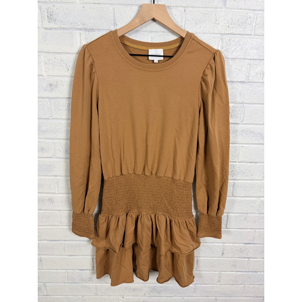 Sundays Anthropologie Smocked Ruffle Mini Dress Womens M Honey Brown Long Sleeve